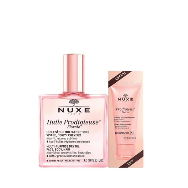 Nuxe Huile Prodigieuse Florale Multi-Purpose Dry Oil & Shower Gel Set - Nourishing Botanical Skincare & Haircare Nuxe Huile Prodigieuse Florale Set - Nourishing Skincare & Haircare Nuxe Huile Prodigieuse Florale, dry oil for face body and hair, botanical skincare, natural haircare, multi-purpose beauty oil, skincare set, haircare set, nourishing oil, moisturizing shower gel, floral scent, gentle cleansing, botanical ingredients