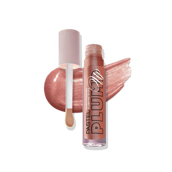 pastel plump up lip gloss bottle, pastel lip gloss swatch, pastel plump up gloss applied on lips Pastel Plump Up Lip Gloss - Extra Hydrating | 5.3ml Pastel Plump Up Lip Gloss | Extra Hydrating 5.3ml lip-gloss, plumping-gloss, hydrating-lip-gloss, beauty-products, makeup, pastel, women, ai-generated, fuller-lips, cosmetics