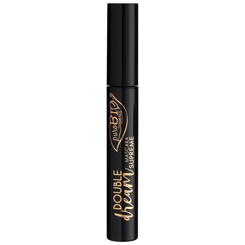 purobio double dream supreme mascara tube, applicator of purobio double dream mascara PuroBio Double Dream Mascara - Supreme Volume | 11 ml PuroBio Double Dream Mascara | Supreme Volume purobio, mascara, double-dream, supreme-volume, cosmetic, vegan, cruelty-free, beauty, eye-makeup, ai-generated