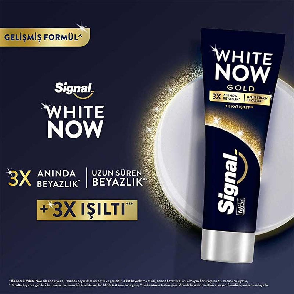 Signal White Now: 3X Whitening Toothpaste - Extra Fresh & Gold - Stain Removal, Fluoride Protection - Fresh Breath, Confident Smile Signal White Now: 3X Whitening Toothpaste for a Brighter Smile teeth whitening toothpaste, whitening toothpaste, fresh breath toothpaste, fluoride toothpaste, signal toothpaste, white now toothpaste, teeth stain remover, oral hygiene, dental care, extra fresh toothpaste, toothpaste, teeth whitening, fresh breath, fluoride protection, stain removal, oral care, dental hygiene, co