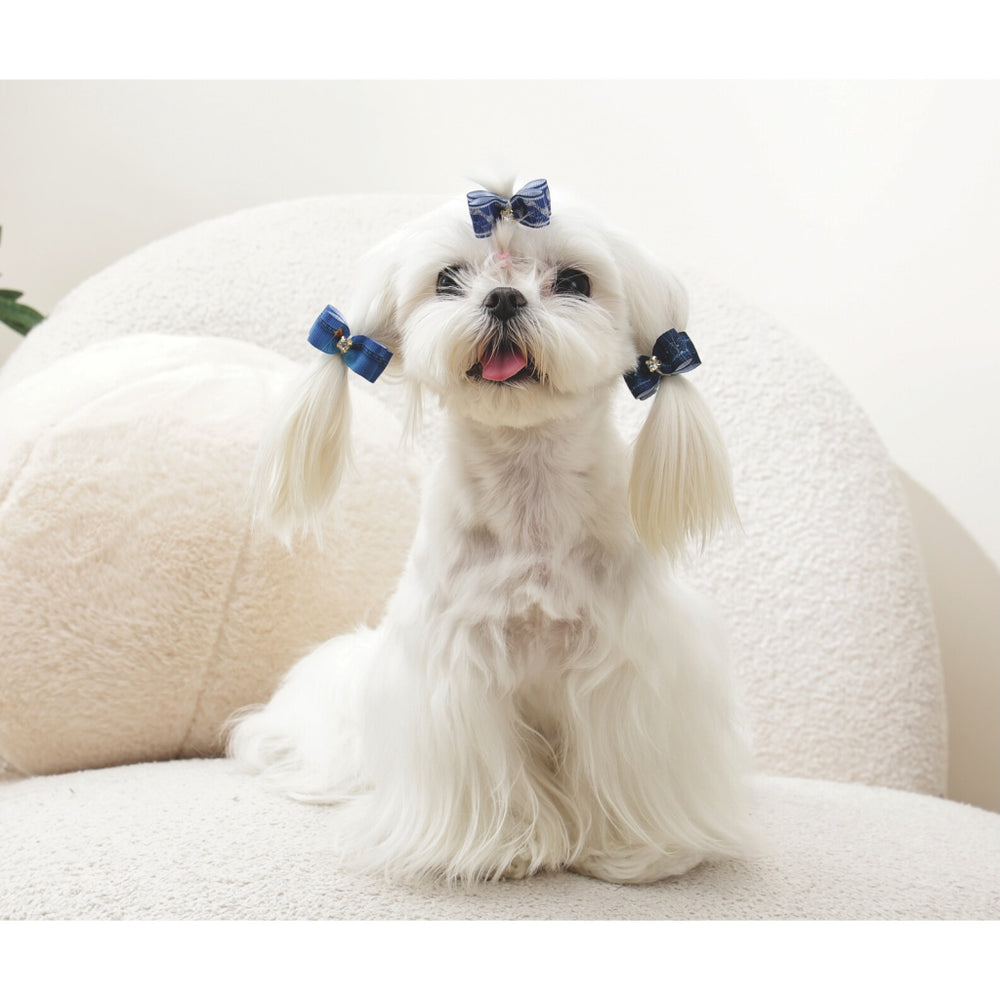 M-Pets Glam Blue Plaid Bow Hair Clip for Cats & Dogs