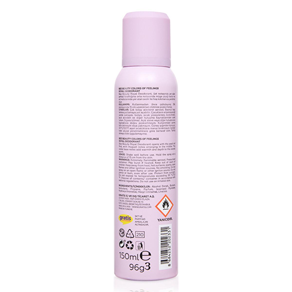 Bee Beauty Colors of Feelings Royal Women's Deodorant Spray - 150ml, Long-Lasting Freshness & Fragrance Bee Beauty Royal Deodorant Spray for Women - Fresh & Fragrant deodorant spray, women's deodorant, fragrant deodorant, long-lasting freshness, personal hygiene products, peach fragrance, muge flower, cedar scent, 150ml, cosmetics, personal care, women's grooming, hygiene products