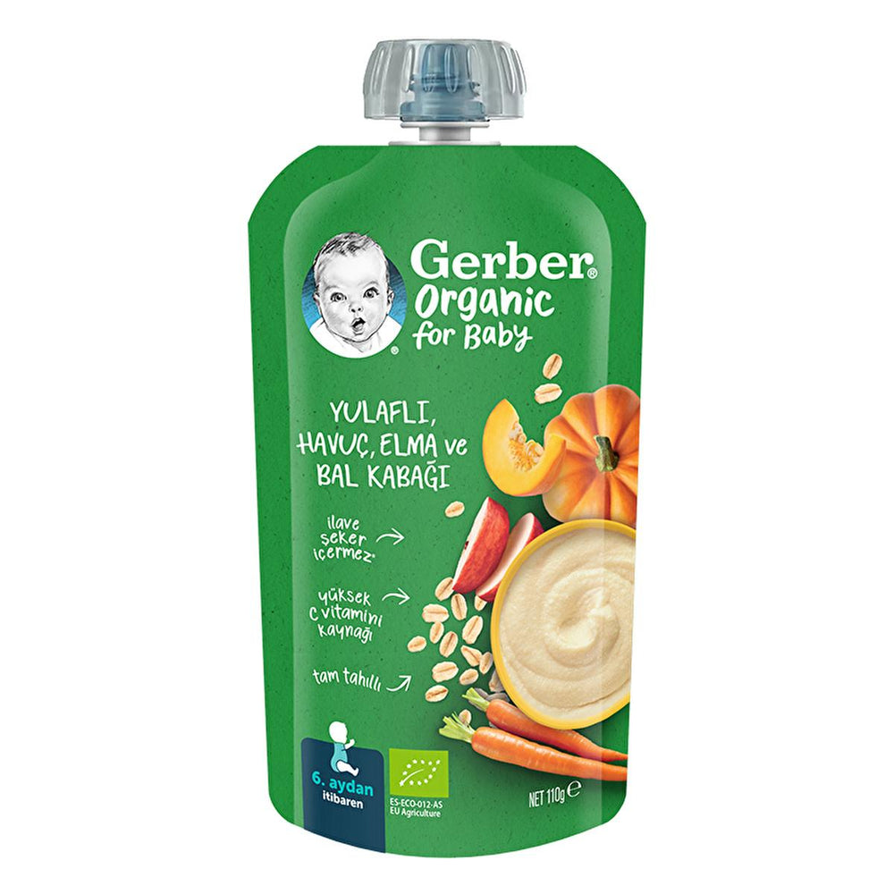 Gerber Organic Baby Food Puree - Yulaflı Havuç Elma Bal Kabağı Mango, 110g, No Added Sugar, For Infants 6+ Months - Baby Care