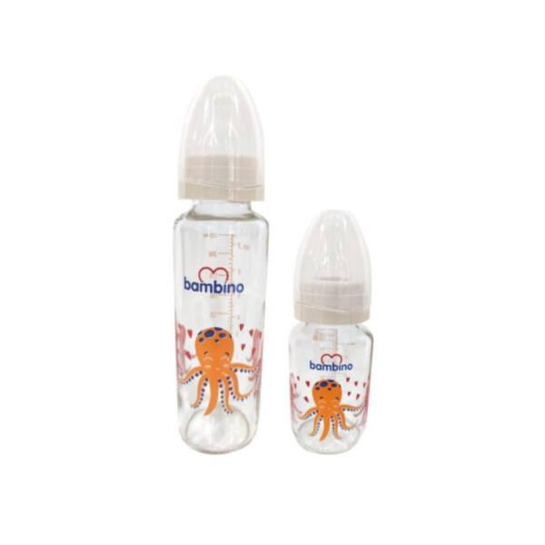 Bambino Glass Baby Bottle Set - 2 Piece, Slow Flow, Krem - Ahtapot Design - Baby Care