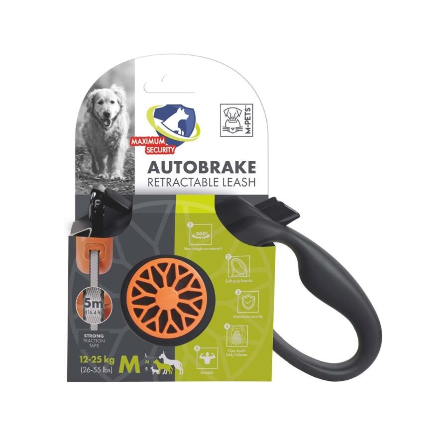 M-Pets Autobreake Smart Retractable Dog Leash Orange 5m Medium