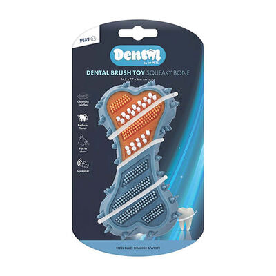 M-Pets Dental Squeaky Bone Blue Dog Toy with Brush Texture 14.2cm
