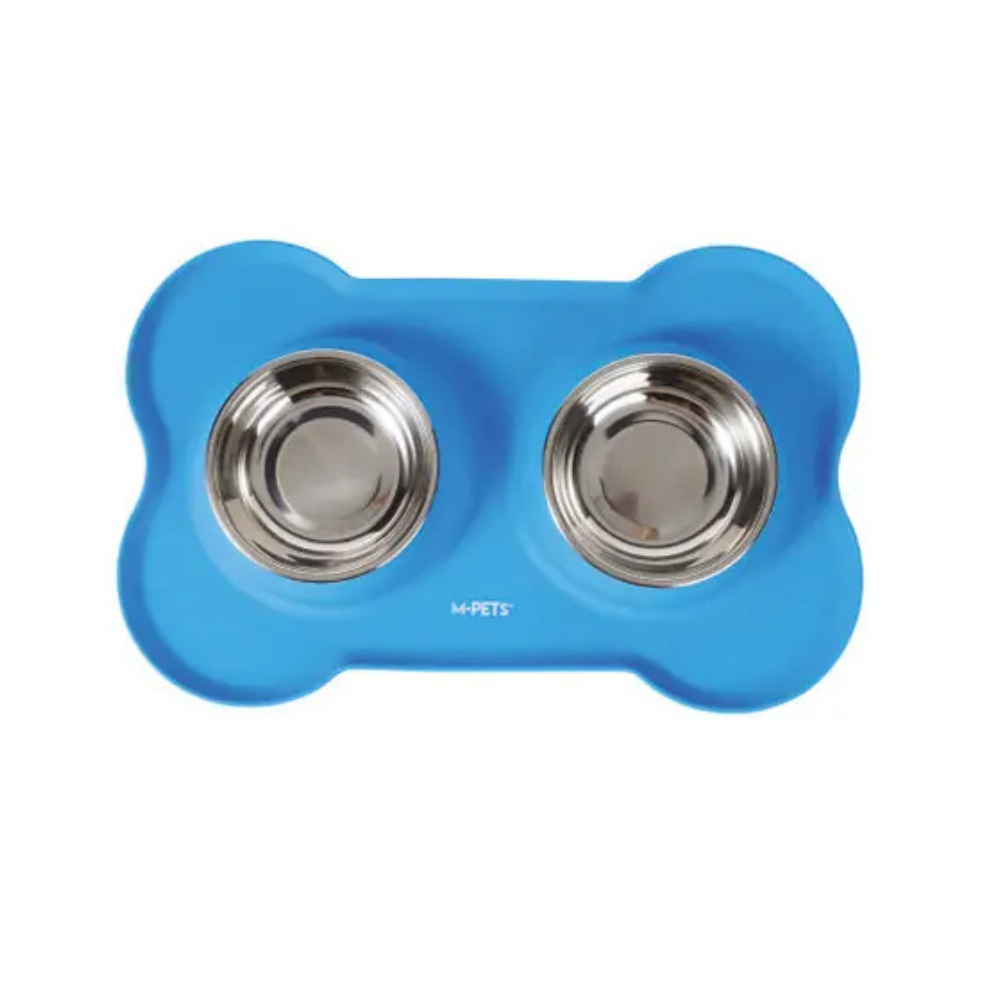M-Pets Duet Silicone Mat with Stainless Steel Bowls Blue 2x200ml