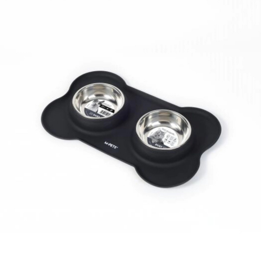 M-Pets Duet Silicone Mat with Stainless Steel Bowls Black 400ml