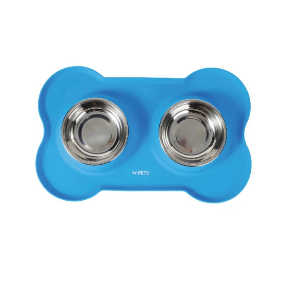 M-Pets Duet Silicone Mat Pet Bowl Set for Food and Water 400ml Blue
