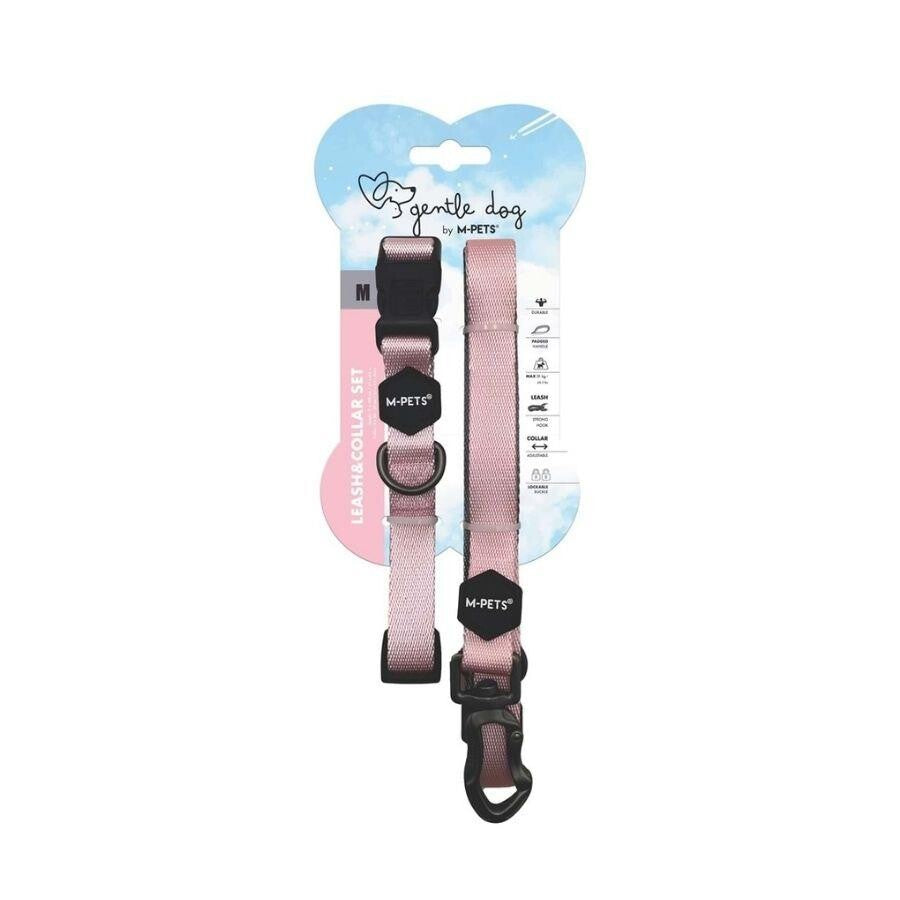 M-Pets Gentle Dog Collar and Leash Set Pink Medium