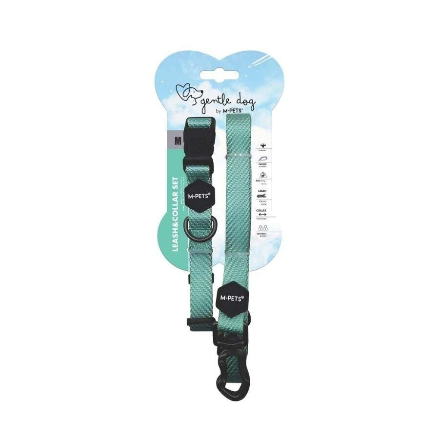 M-Pets Gentle Dog Collar and Leash Set Padded Green Medium