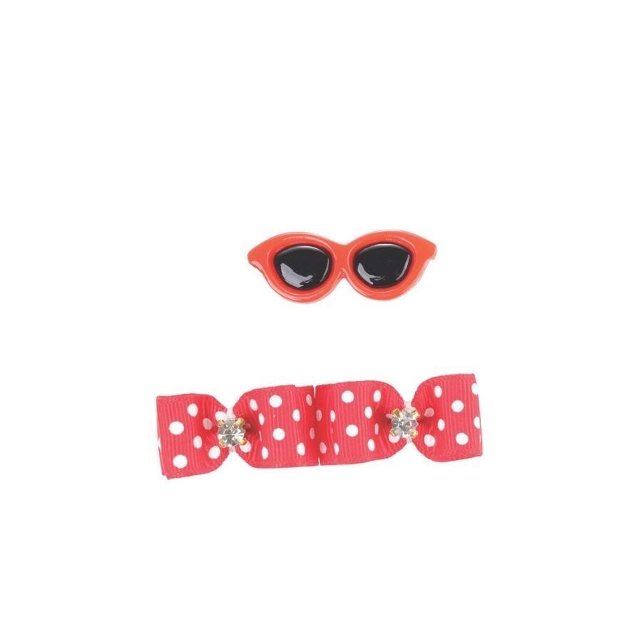 M-Pets Glam Bow and Glasses Pet Hair Clips Set in Red