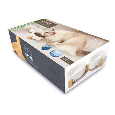 M-Pets Opera Bamboo Stand Ceramic Cat Bowls White 2x350 ml