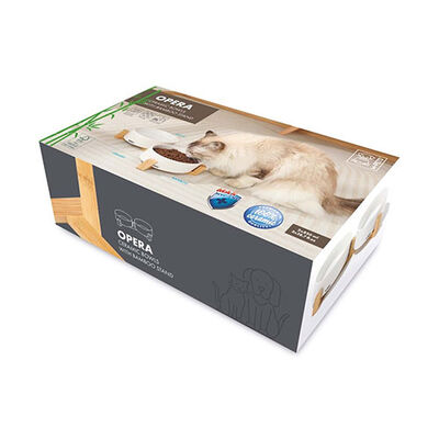 M-Pets Opera Bamboo Stand Ceramic Cat Bowl Set White 2x850 ml