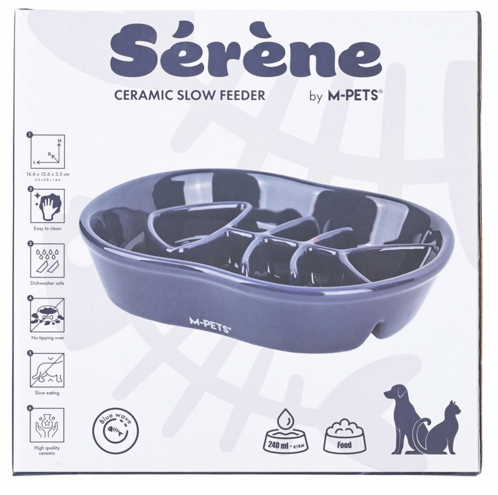 M-Pets Serene Fish Ceramic Slow Feeder Bowl Blue 240 ml