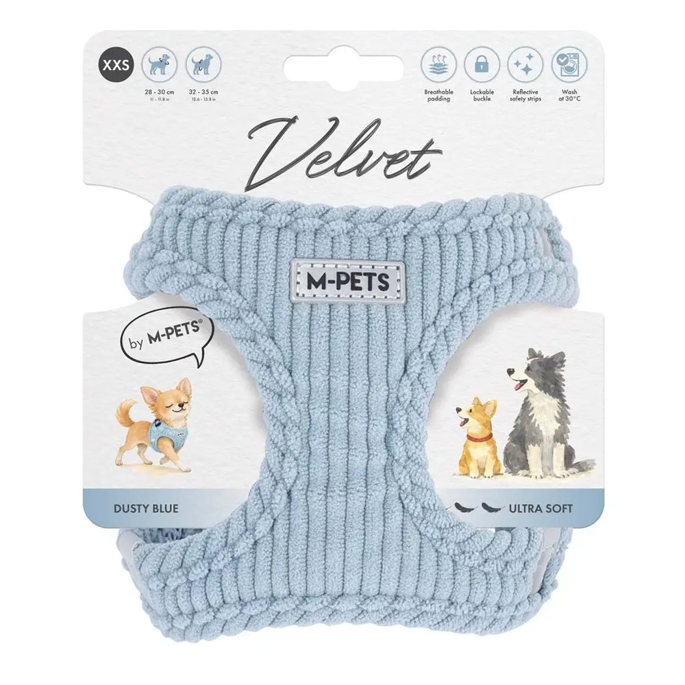 M-Pets Velvet Dog Harness Soft Blue Reflective Comfort XXS