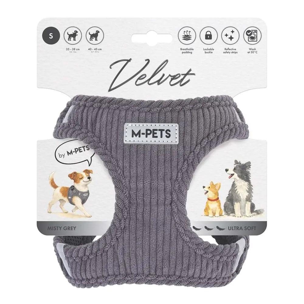 M-Pets Velvet Dog Harness Soft Ribbed Mesh Grey Small
