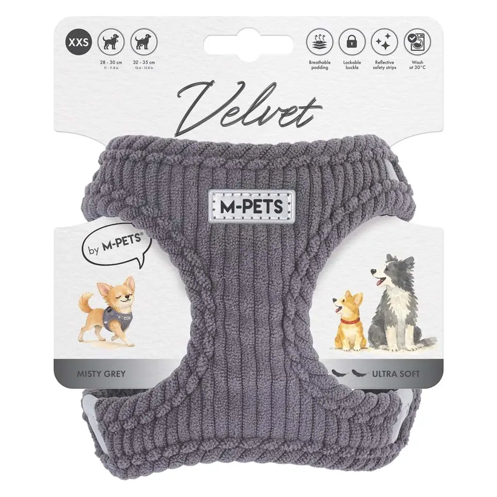 M-Pets Velvet Dog Harness Soft Ribbed Mesh Grey XXS