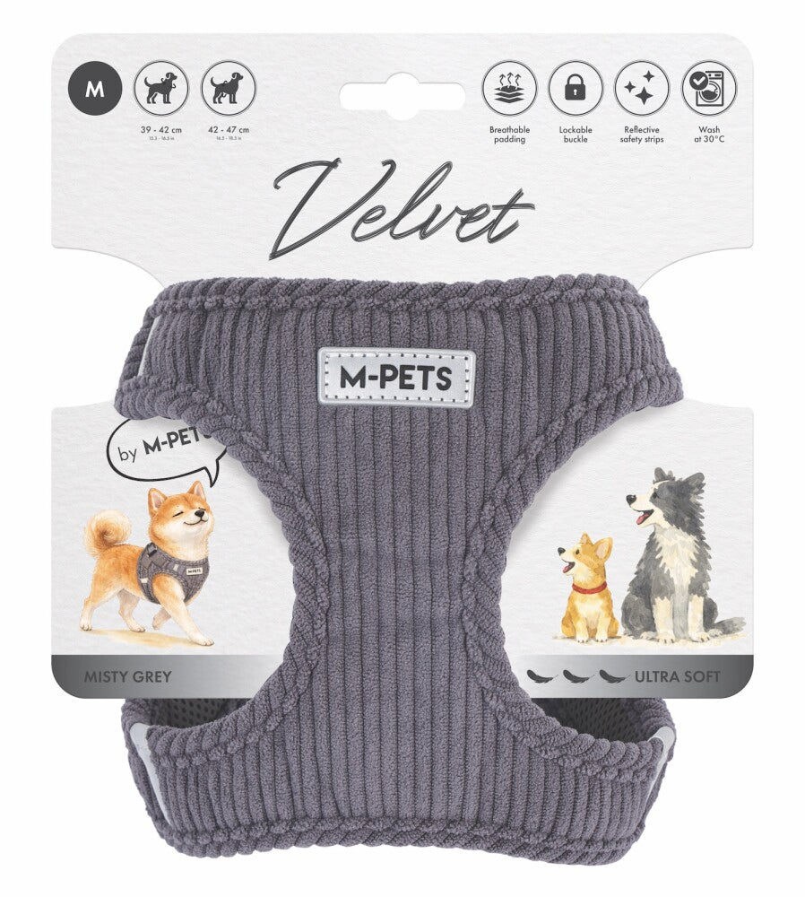 M-Pets Velvet Dog Chest Harness, Grey, Size M, Soft Padded Walking Harness
