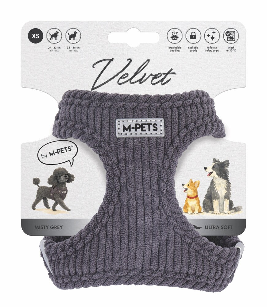 M-Pets Velvet Dog Harness Grey XS - Soft Padded Chest Harness