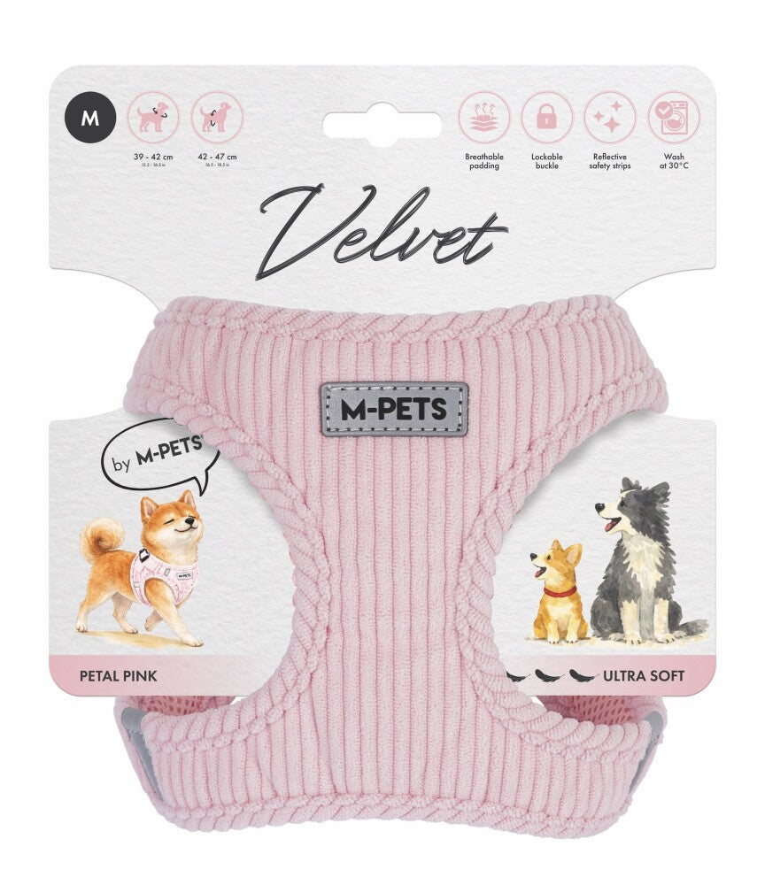 M-Pets Velvet Dog Pink Dog Harness M - Soft Padded Chest Harness for Daily Walks