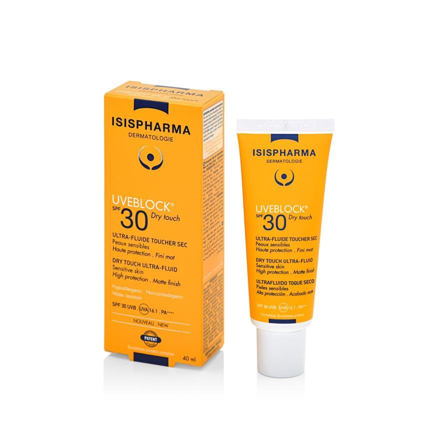 isispharma uveblock spf30 dry touch ultra-fluid bottle, application of isispharma uveblock sunscreen on skin ISISPHARMA Uveblock SPF30 Dry Touch Ultra-Fluid | 40 ml ISISPHARMA Uveblock SPF30 Dry Touch | 40 ml spf30, sunscreen, oil-free, dry-touch, ultra-fluid, combination-skin, oily-skin, skincare, uv-protection, ai-generated