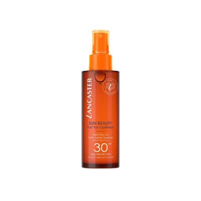 lancaster sun beauty satin dry oil spf30 bottle, spf30 sunscreen oil on beach, luxurious suntan oil for vegan consumers Lancaster Sun Beauty Satin Dry Oil - SPF30 | 150ml Lancaster Satin Dry Oil SPF30 | Sun Beauty 150ml lancaster, satin-dry-oil, spf30, sunscreen, vegan, outdoor-skin-care, bronzing-oil, ocean-safe, sun-protection, ai-generated