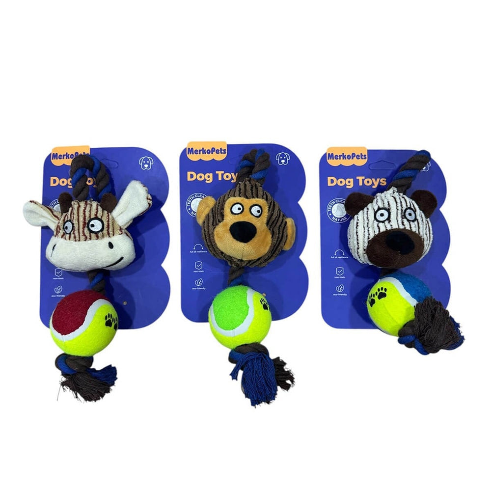 Merkopets Plush Animal Dog Toy with Rope and Ball Squeaker