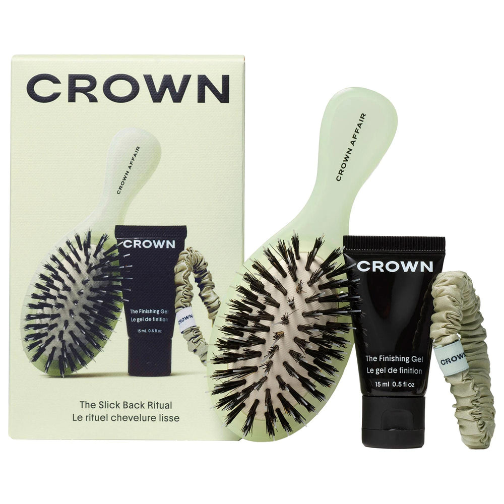 Crown Affair The Slick Back Ritual Set: Frizz Control, Sleek Styles, & Gentle Hold - Includes Mini Brush, Finishing Gel & Silk Scrunchie Crown Affair Slick Back Set: Frizz Control & Sleek Hair! slick back hair set, frizz control hair products, cruelty free hair gel, silk scrunchie for hair, hair styling set, tsubaki seed oil hair, jojoba milk hair products, hair finishing gel, mini hair brush, sleek hairstyle kit, hair set, hair gel, silk scrunchie, mini brush, frizz control, sleek hair, polished hair, tsub