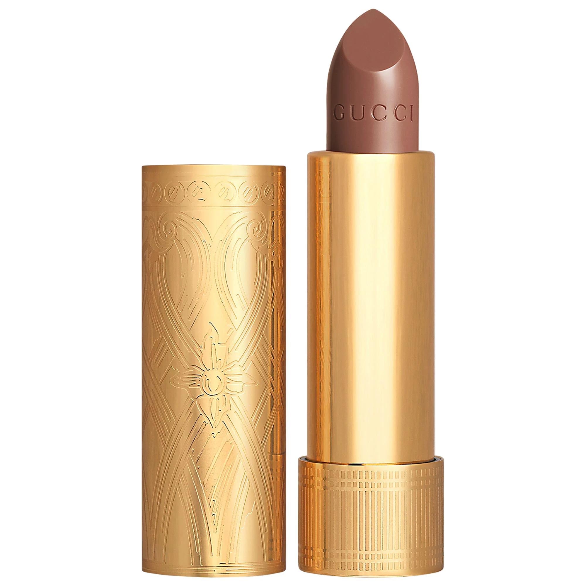 Gucci Long Lasting Satin Lipstick - Vegan, Silicone-Free, 36 Shades Available Long Lasting Satin Lipstick - Vegan & Silicone-Free long lasting lipstick, vegan lipstick, silicone-free lipstick, sulfate-free lipstick, paraben-free lipstick, lip color, makeup, cosmetics, luxury beauty products, vegan beauty, cruelty-free, clean beauty, satin finish lipstick, 36 shades, Art Deco packaging, rich gold packaging, long-lasting lip color, intense color lipstick