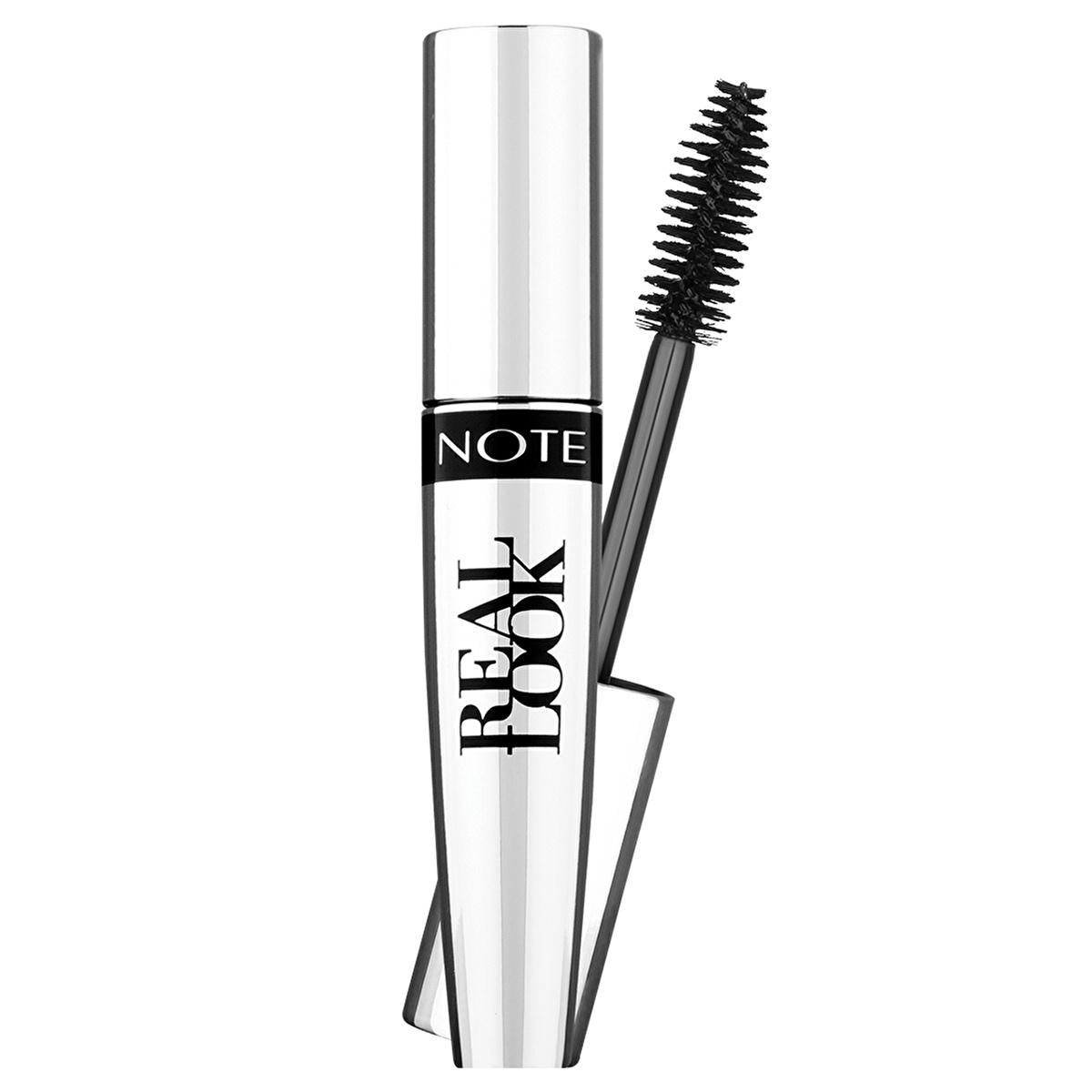 note real look mascara black tube front view, note real look mascara brush close up, note real look mascara application on lashes Note Real Look Black Mascara - Volume & Definition | 12 ml Note Real Look Mascara - Volume & Definition note, black-mascara, makeup, sensitive-eyes, volume, definition, eyelashes, cruelty-free, dermatologically-tested, ai-generated