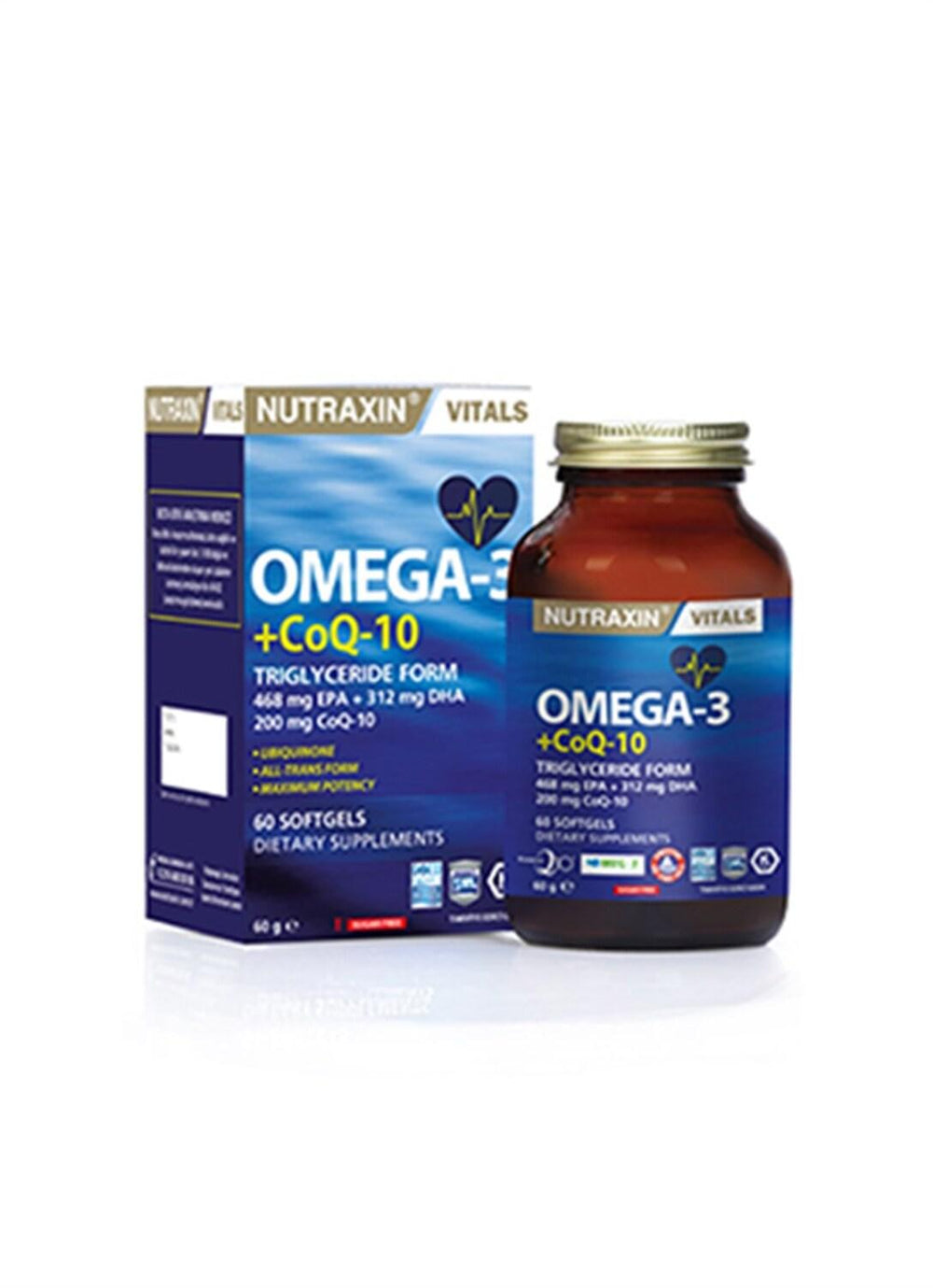 Nutraxin Omega-3 + CoQ-10 Dietary Supplement for Heart Health Support - 60 Softgel Capsules - Vitamin & Supplement