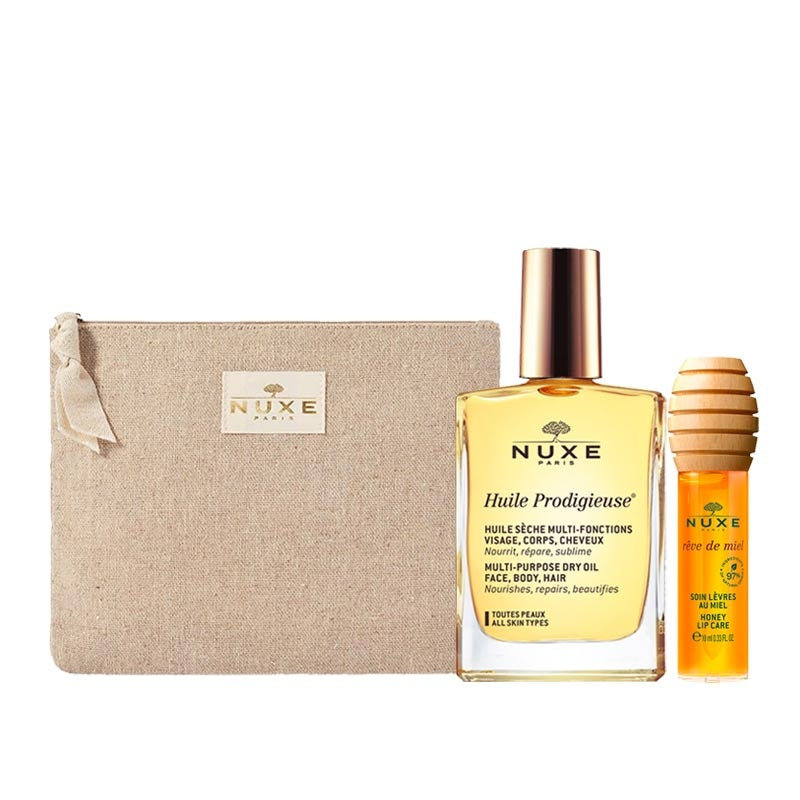 Nuxe Huile Prodigieuse Dry Oil and Lip Balm Set with Makeup Bag