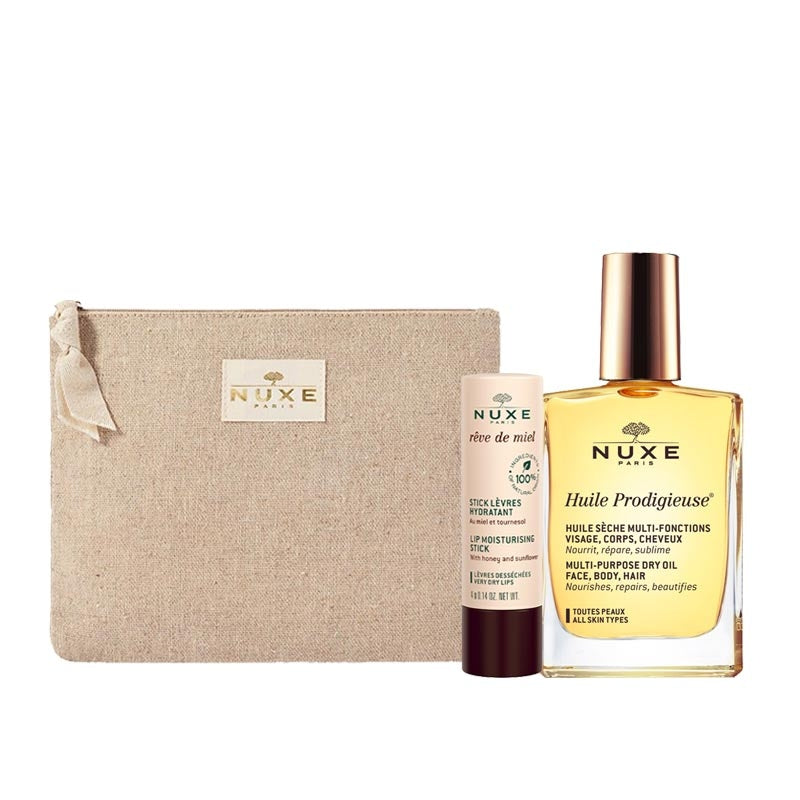 Nuxe Huile Prodigieuse Dry Oil and Lip Balm Set with Makeup Bag
