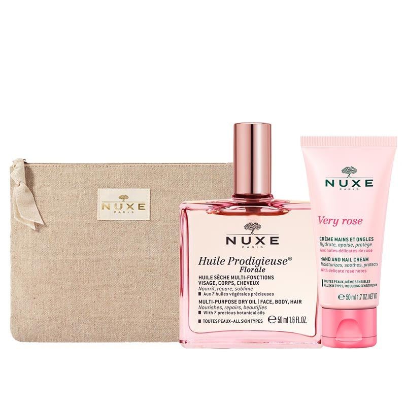 Nuxe Floral Dry Oil and Hand Cream Set with Makeup Bag 2x50ml