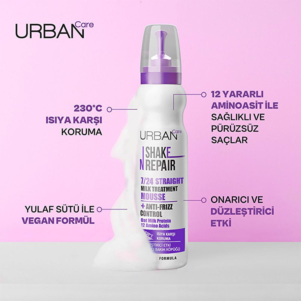 Urban Care Shake N Repair Hair Smoothing Foam - Vegan, Heat Protectant, Dermatologically Tested Urban Care Shake N Repair Hair Smoothing Foam - Vegan & Heat Protectant hair smoothing foam, vegan hair care, dermatologically tested hair products, heat protectant hair spray, oat milk protein hair care, frizz control, hair repair, smoothing serum, cruelty-free beauty, vegan beauty products, hair care for frizzy hair, long-lasting smoothness, protective hair styling