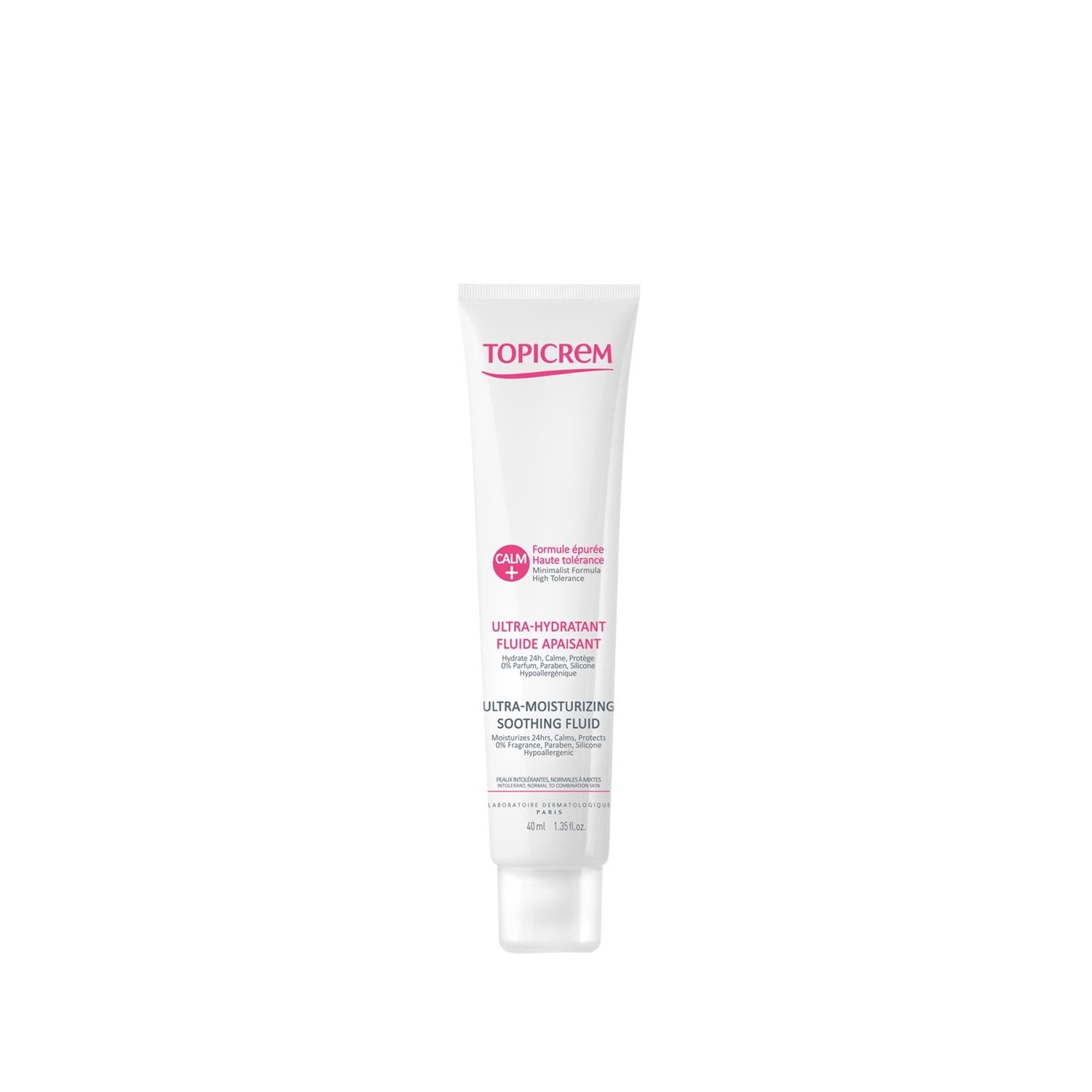 Topicrem Calm+ Ultra Moisturizing Soothing Fluid - Hydrating Skincare for Sensitive Skin, 40ml Topicrem Calm+ Moisturizing Fluid for Sensitive Skin moisturizing fluid, soothing cream, Topicrem Calm+, sensitive skin care, hydrating skincare, dry skin relief, gentle skincare, non-irritating skincare, skincare for sensitive skin, Topicrem products, Calm+ product line, ultra moisturizing, soothing properties, travel-friendly skincare, dermatologically tested