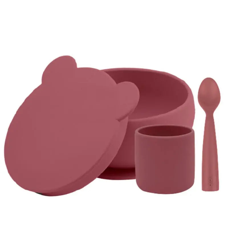 OiOi BLW Silicone Feeding Set 1 with Lidded Bowl Velvet Rose