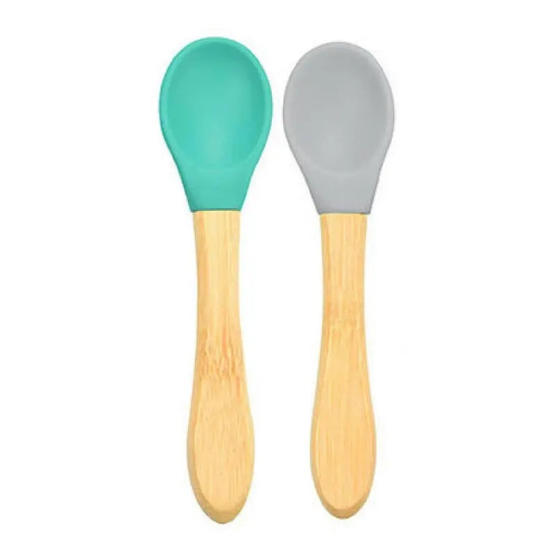 OiOi Bamboo and Silicone Baby Spoons Aqua Green & Powder Grey 2-Pack