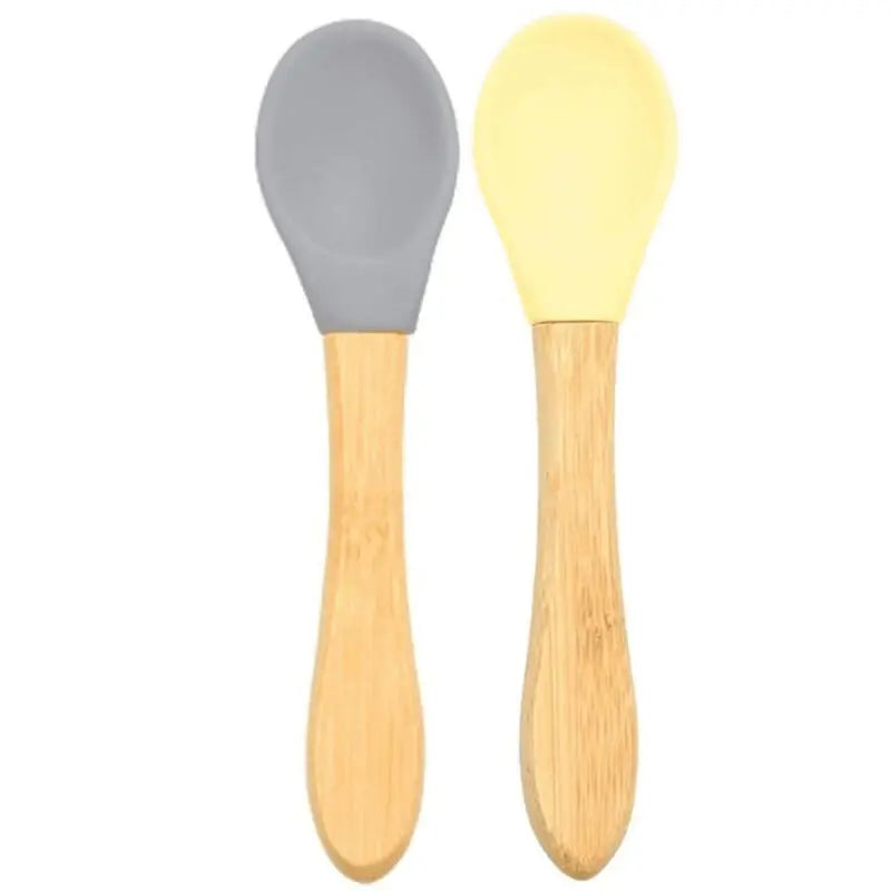 OiOi Bamboo and Silicone Baby Spoon Set Powder Grey & Yellow 2-Pack