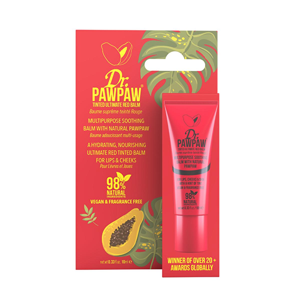 Dr. Pawpaw Multipurpose Tinted Ultimate Red Balm - Natural Moisturizer for Lips and Skin, 10ml Dr. Pawpaw Tinted Balm - Natural Lip &amp; Skin Moisturizer multipurpose balm, natural moisturizer, tinted lip balm, scentless skincare, compact skincare product, skincare, makeup, natural ingredients, lip care, cheek color, portable cosmetics