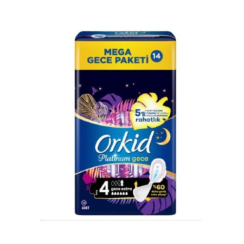 Orkid Platinum Night Extra Sanitary Pads with Wings 14 Count