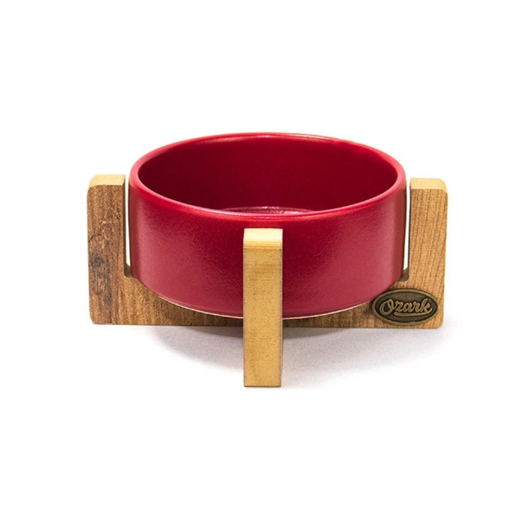 Ozark Ceramic Pet Bowl with Wooden Base Red 400 ml