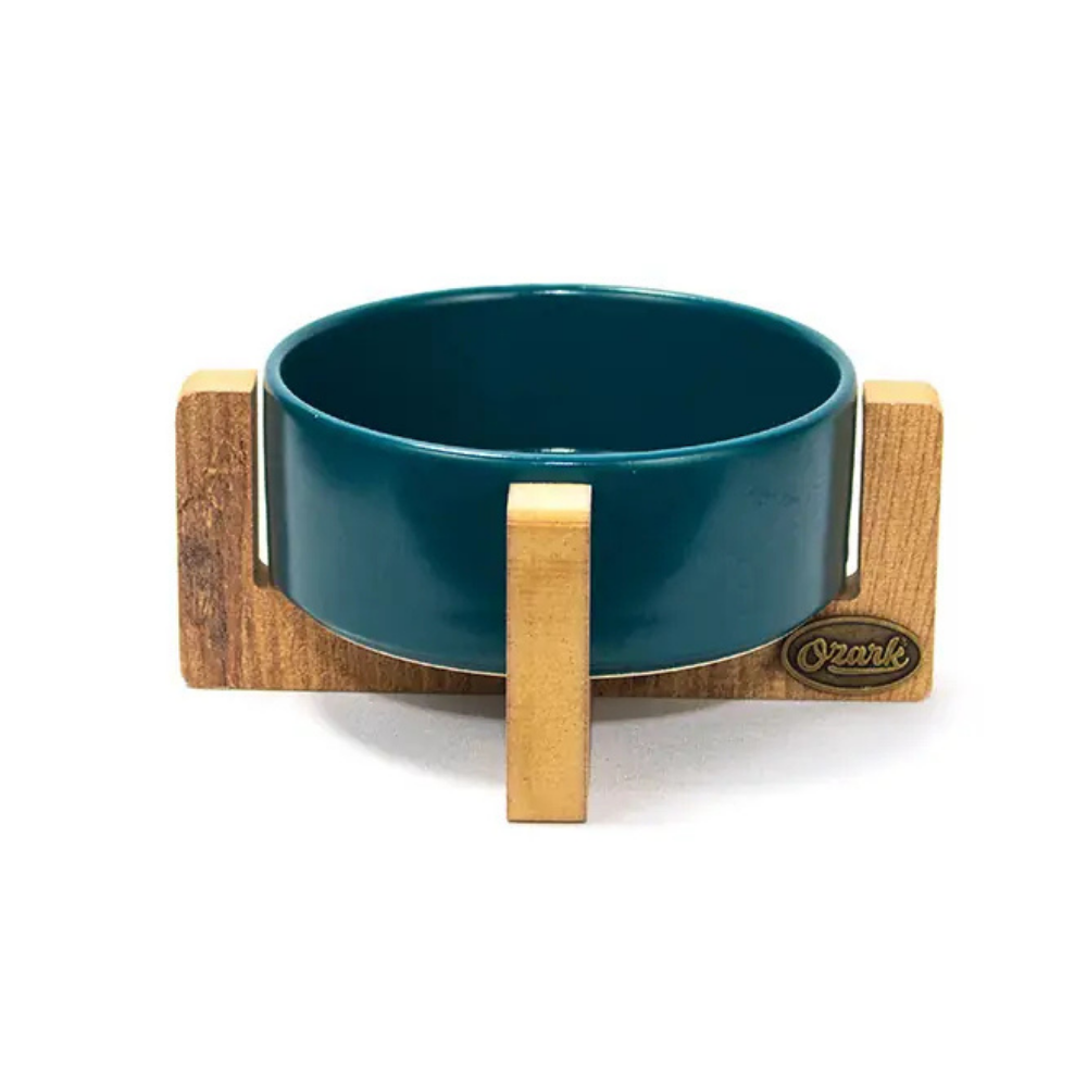 Ozark Ceramic Pet Bowl with Wood Base Petrol Blue 400 ml