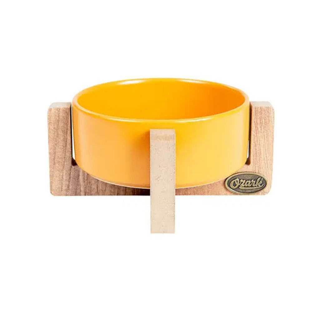 Ozark Mustard Ceramic Pet Bowl with Wooden Base 400 ml