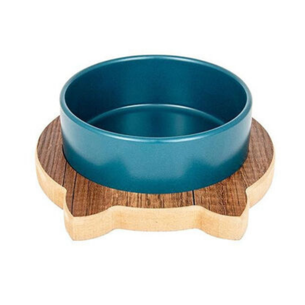 Ozark Ceramic Cat Bowl with Wooden Stand Petrol Blue 400ml