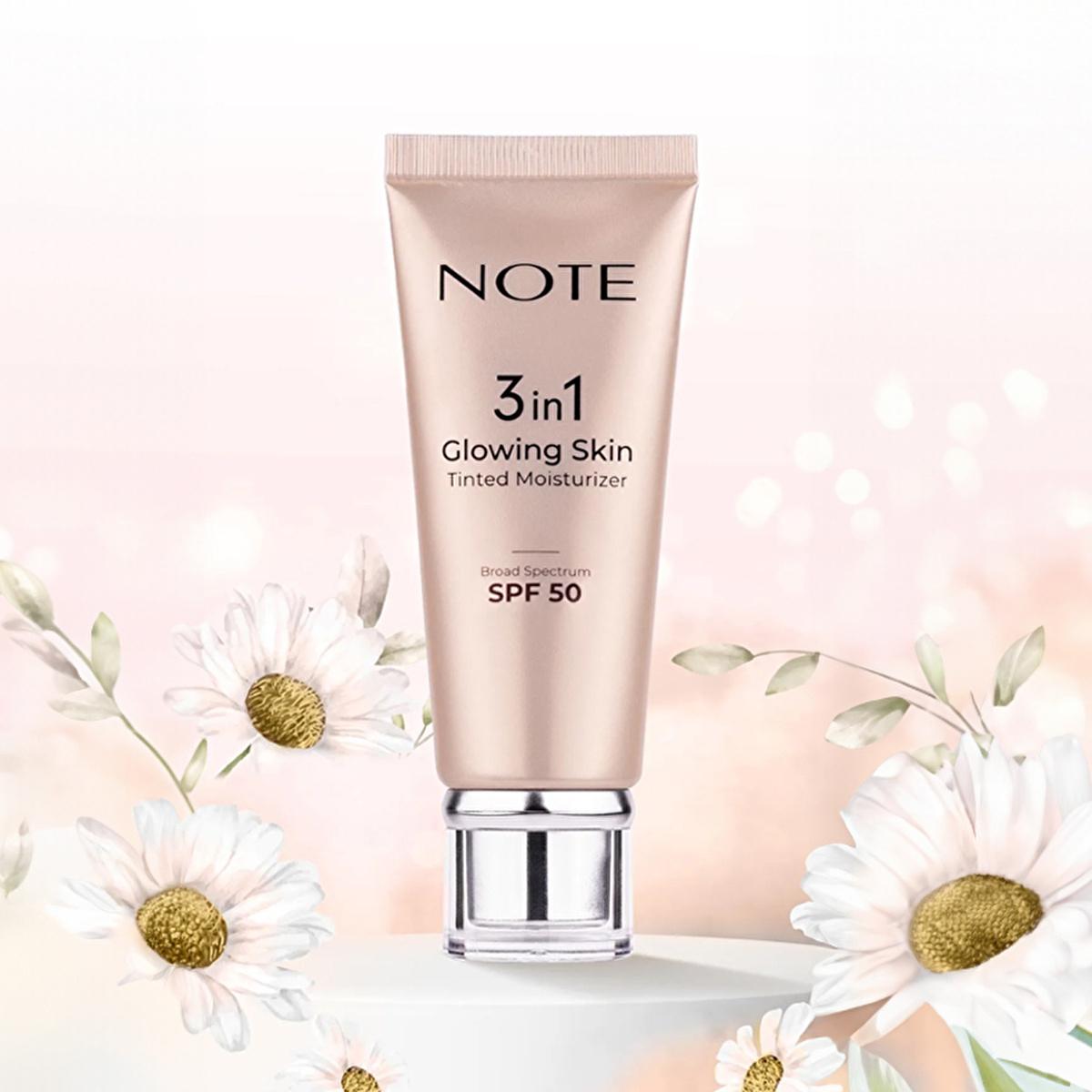 note 3 in 1 glowing skin tinted moisturizer front view, note glowing skin tinted moisturizer texture, note tinted moisturizer with spf 50 usage Note 3 in 1 Glowing Skin Tinted Moisturizer - SPF 50 for Radiant Skin | 1.7 fl. oz. Note 3 in 1 Glowing Skin Tinted Moisturizer 50 SPF note, tinted-moisturizer, spf-50, glowing-skin, moisturizer, skincare, makeup, hydration, radiant-skin, ai-generated