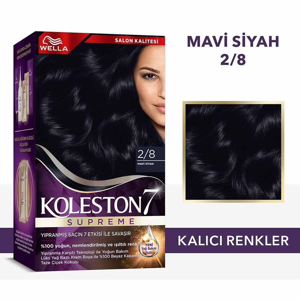 Wella Koleston Supreme Blue Black Hair Dye 2/8: Intense Color, Gray Coverage & Conditioning - At-Home Permanent Hair Color Kit Wella Koleston Blue Black Hair Dye: Gray Coverage & Shine hair dye, hair color, at home hair color, blue black hair dye, permanent hair color, hair coloring kit, gray hair coverage, wella koleston, hair treatment after coloring, blue hair dye, black hair dye, hair color for women, hair color for gray coverage, at-home hair color kit, luxurious hair dye, oil care elixir, color reacti