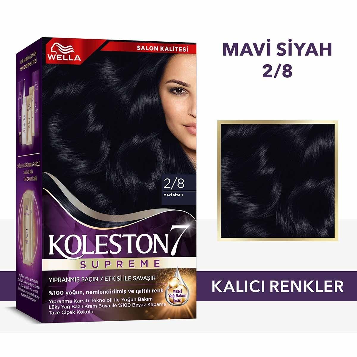 Wella Koleston Supreme Blue Black Hair Dye 2/8: Intense Color, Gray Coverage &amp; Conditioning - At-Home Permanent Hair Color Kit Wella Koleston Blue Black Hair Dye: Gray Coverage &amp; Shine hair dye, hair color, at home hair color, blue black hair dye, permanent hair color, hair coloring kit, gray hair coverage, wella koleston, hair treatment after coloring, blue hair dye, black hair dye, hair color for women, hair color for gray coverage, at-home hair color kit, luxurious hair dye, oil care elixir, color reacti