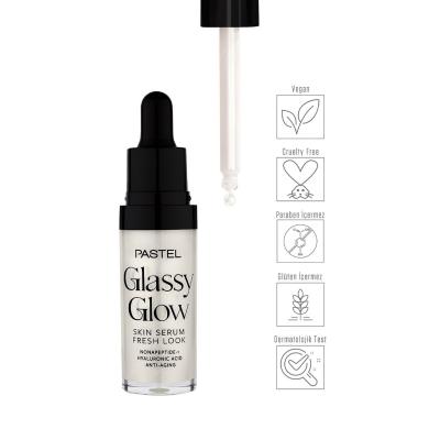 pastel glassy glow serum bottle, applications of pastel glassy glow serum on skin Pastel Glassy Glow Serum - Illuminating Skin Care | 14.4 ml Pastel Glassy Glow Serum - Radiant Skin Booster skincare, serum, illuminating, vegan, hydrating, anti-aging, radiant-skin, cruelty-free, gluten-free, ai-generated